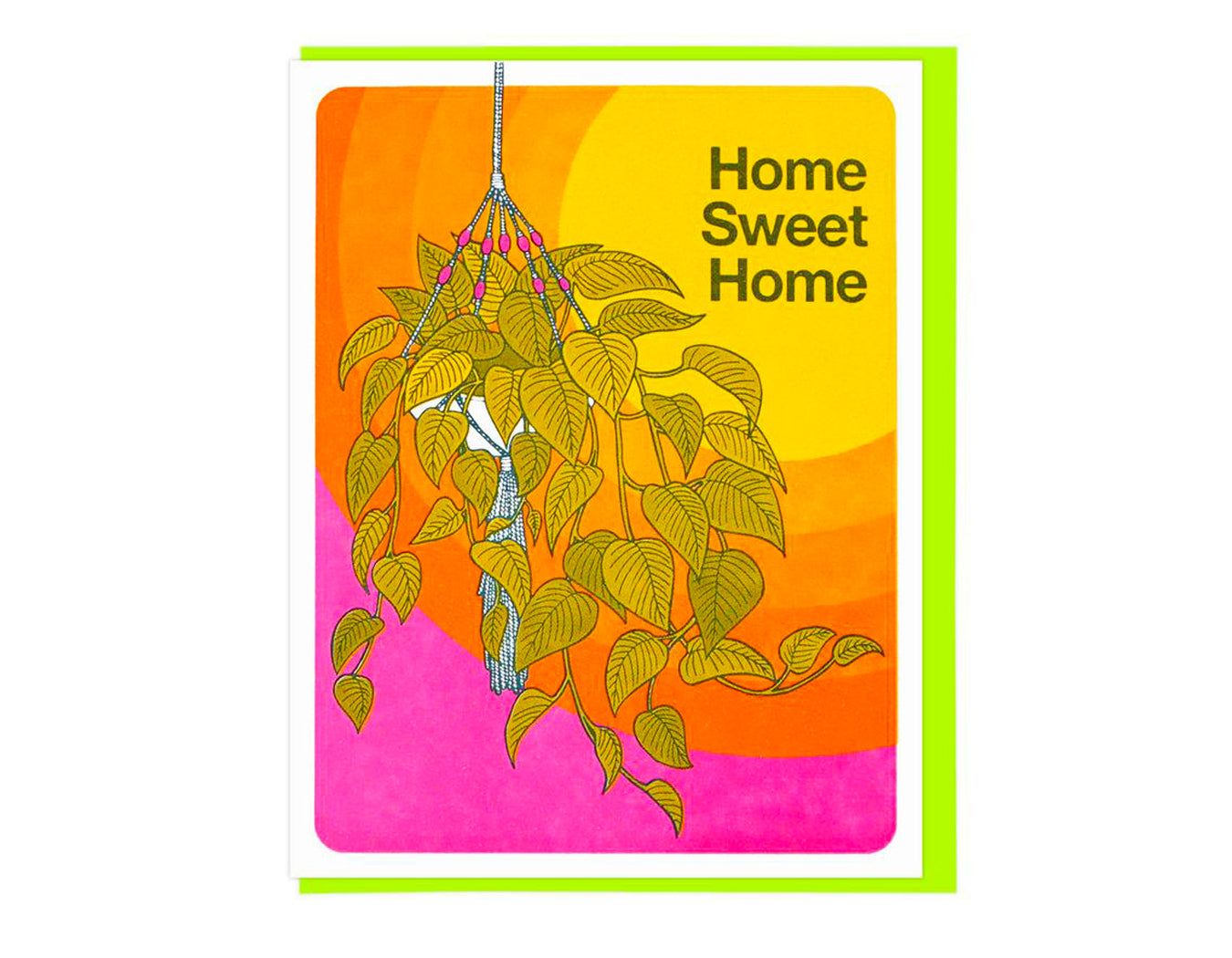  Features a hanging house plant and the words home sweet home on a background of yellow, orange, pink and green.