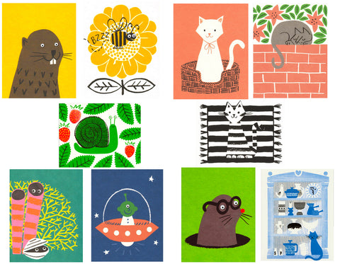 brown beaver on yellow background. buzzing bee on flower. white cat with pink bow in basket. gray cat on brick wall. green snail surrounded by leaves. black and white cat on black and white rug. yellow coral with clam. blue background with green alien in spaceship. gray mole with red nose and glasses. blue cat with beautiful display shelves. 