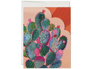 Die cut cactus on front, inside fully illustrated sunset text reads thanks for being so magnificent  