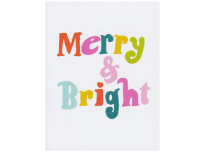 simple fun holiday card text reads merry & bright in hand drawn text and multiple colors