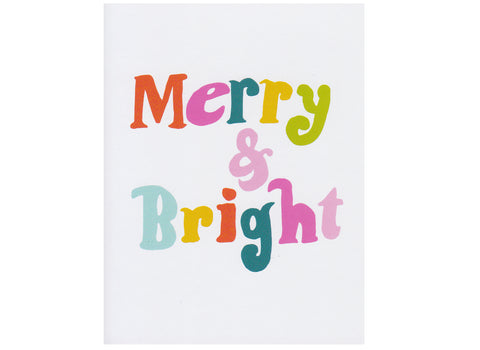 simple fun holiday card text reads merry & bright in hand drawn text and multiple colors