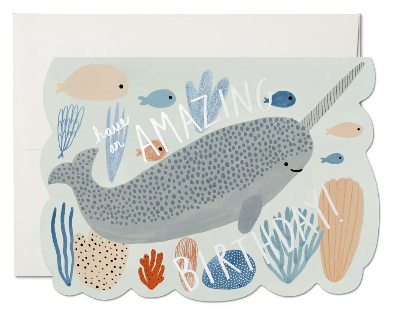 die cut birthday card with narwhal and fish