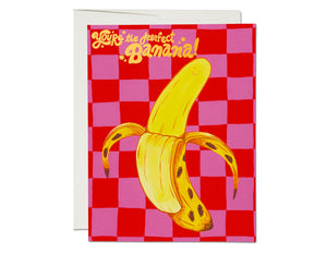 red and pink checkered background text reads you're the perfect banana with smiling banana