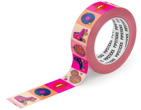 pink, peach,  hot pink background squares with illustrations of disco balls, roller skates, red lips and records.
