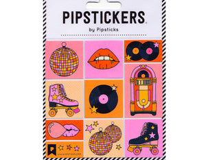 set of stickers with disco ball, red lips, records, jukebox, roller skates, and lips blowing bubbles.