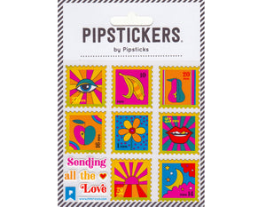 postage style stickers with technicolors, eye, banana, pear, apple, flower, mouth, sun, moon, sending all the love