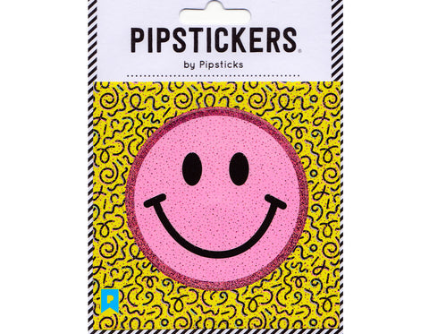 round sticker pink happy face with black eyes and smile