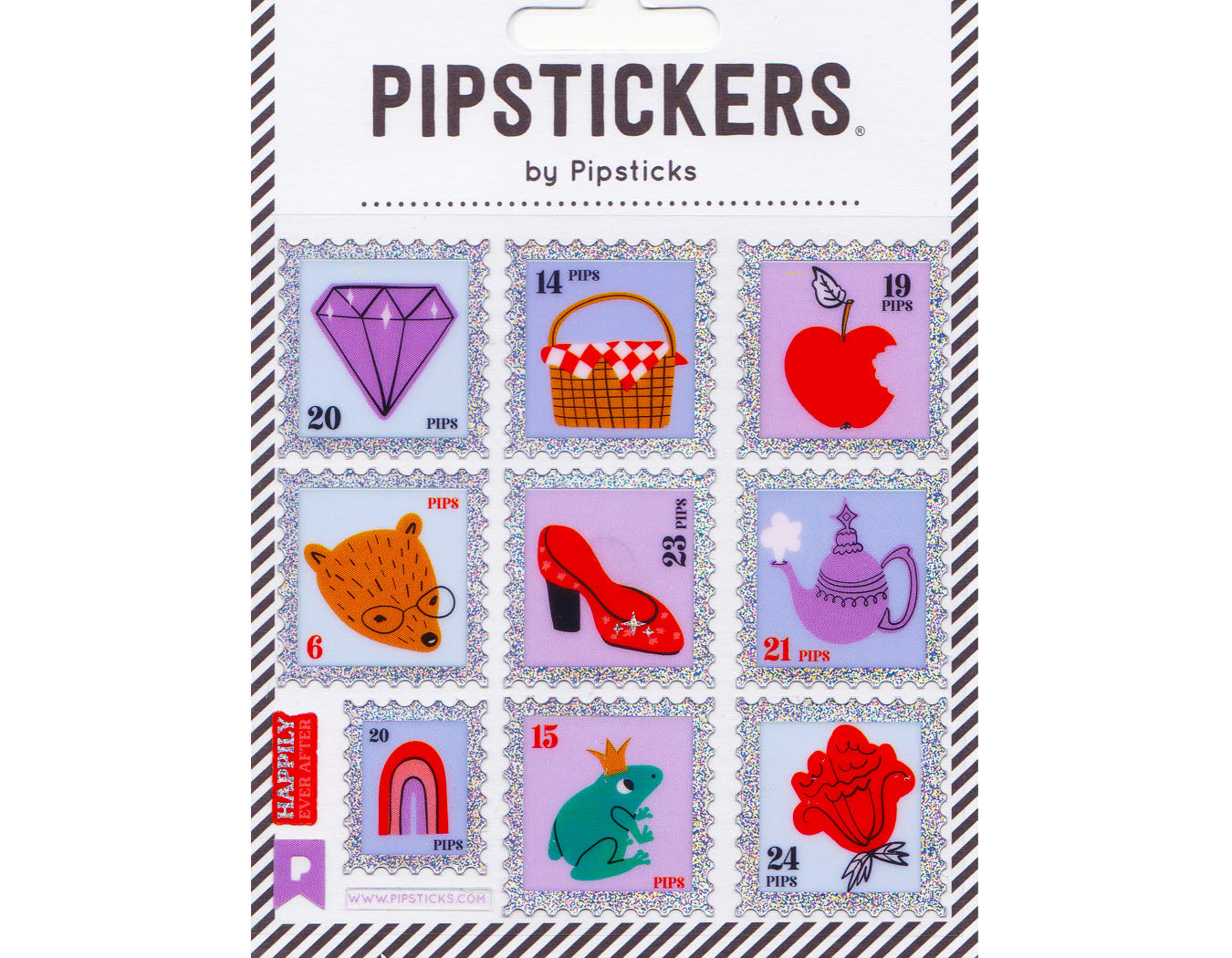postage style stamps with diamond, picnic basket, apple, bear, red heel, tea pot, rainbow, frog prince, and rose