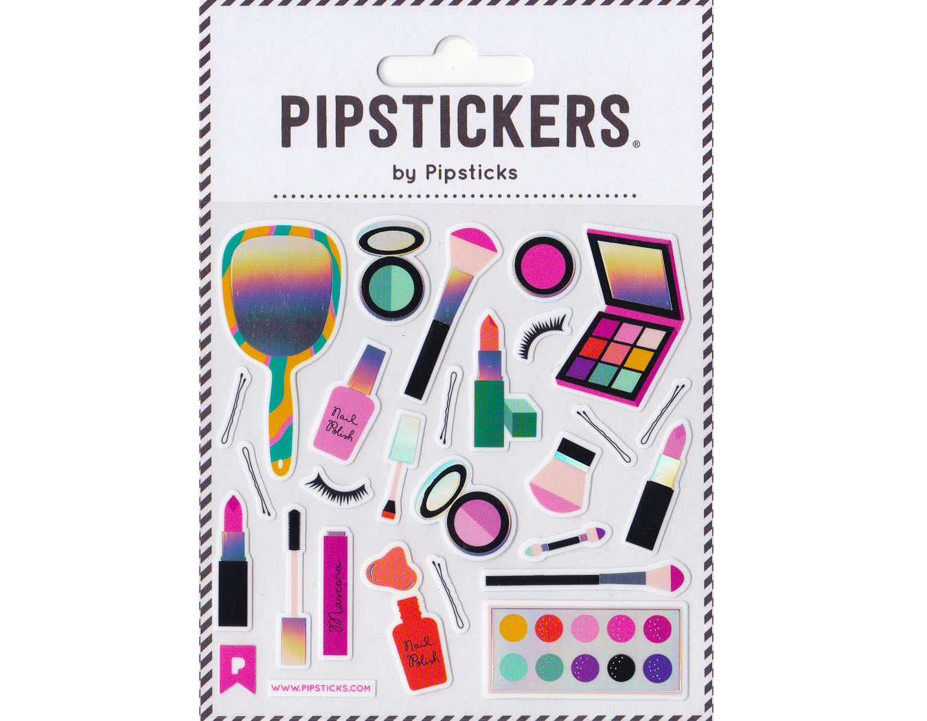 makeup stickers in bright colors blush eyeshadow, brushes, compact, nail polish, fake eyelashes, mascara, pink lipstick, bobby pins, hand held mirror