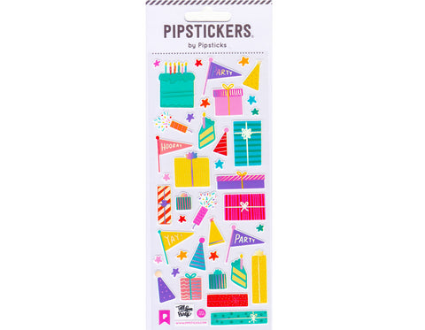 present themed stickers colorful pink green blue yellow purple party poppers and wrapped gifts