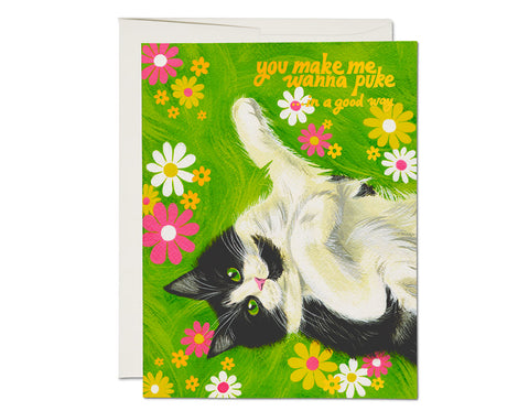 green grassy background with gorgeous black and white cat text reads you make me wanna puke in a good way