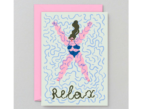 wavy lines indicate water pink woman floating in blue bikini with sunglasses and red lipstick 