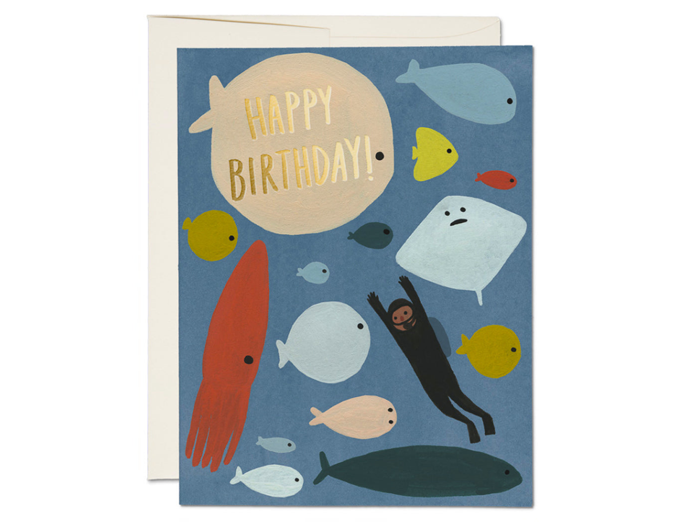 blue background card with illustrated ocean creatures and a scuba diver on it. says happy birthday in gold foil on a fish.