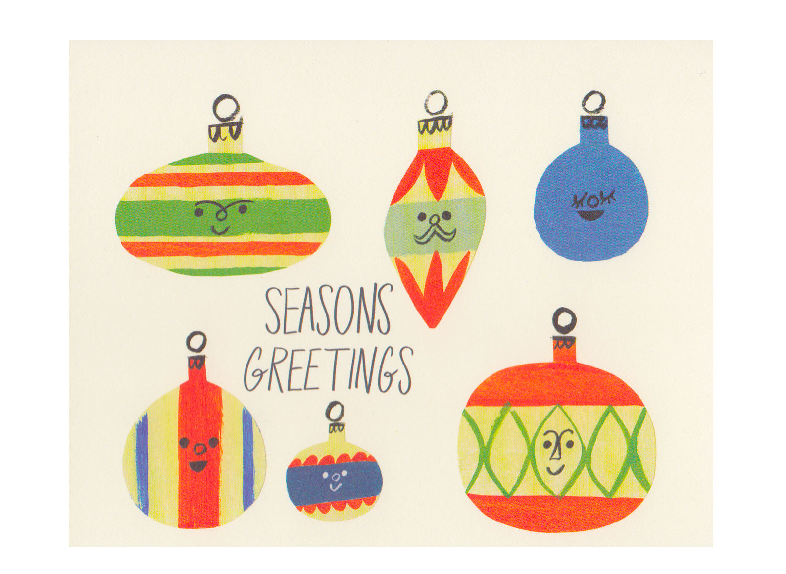 illustrated christmas ornaments with faces and text reads seasons greetings. cream background