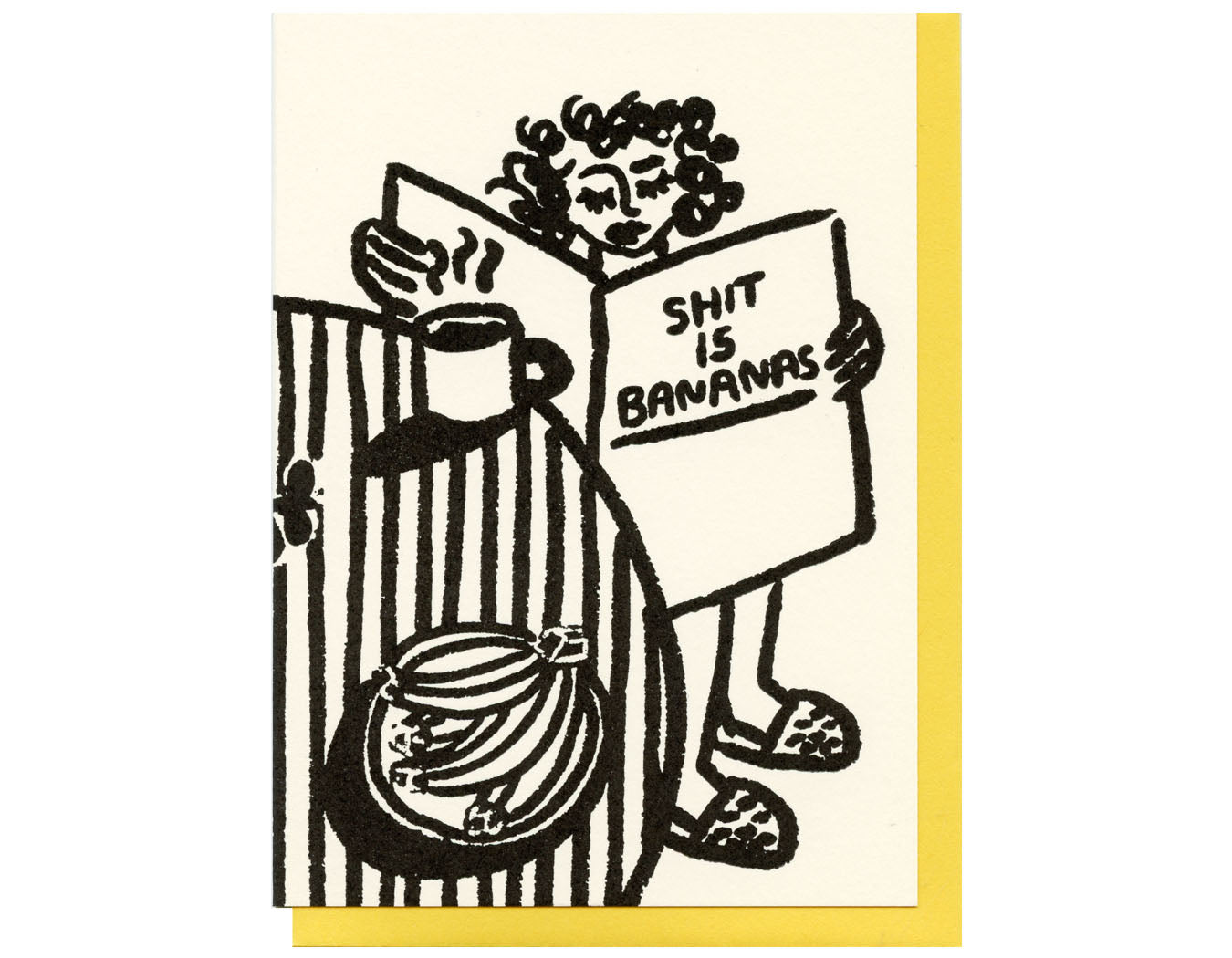 cream colored background  woman reading newspaper that says shit is bananas on cover. sitting at a striped tablecloth with black coffee and plate of bananas 