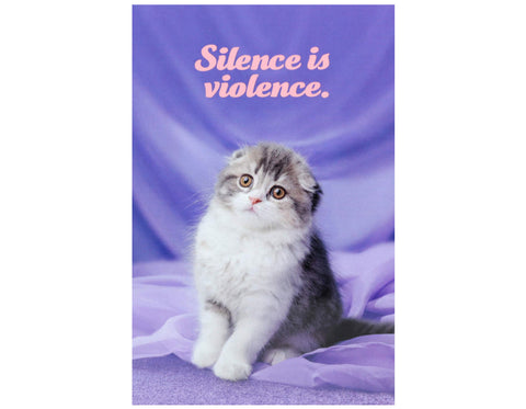 purple background scottish fold kitten text reads silence is violence in pink