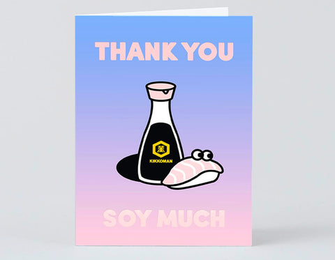 gradient background of blue purple pink soy sauce and nigiri sushi text reads thank you soy much
