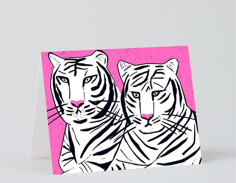 pink background white and black illustrated tigers