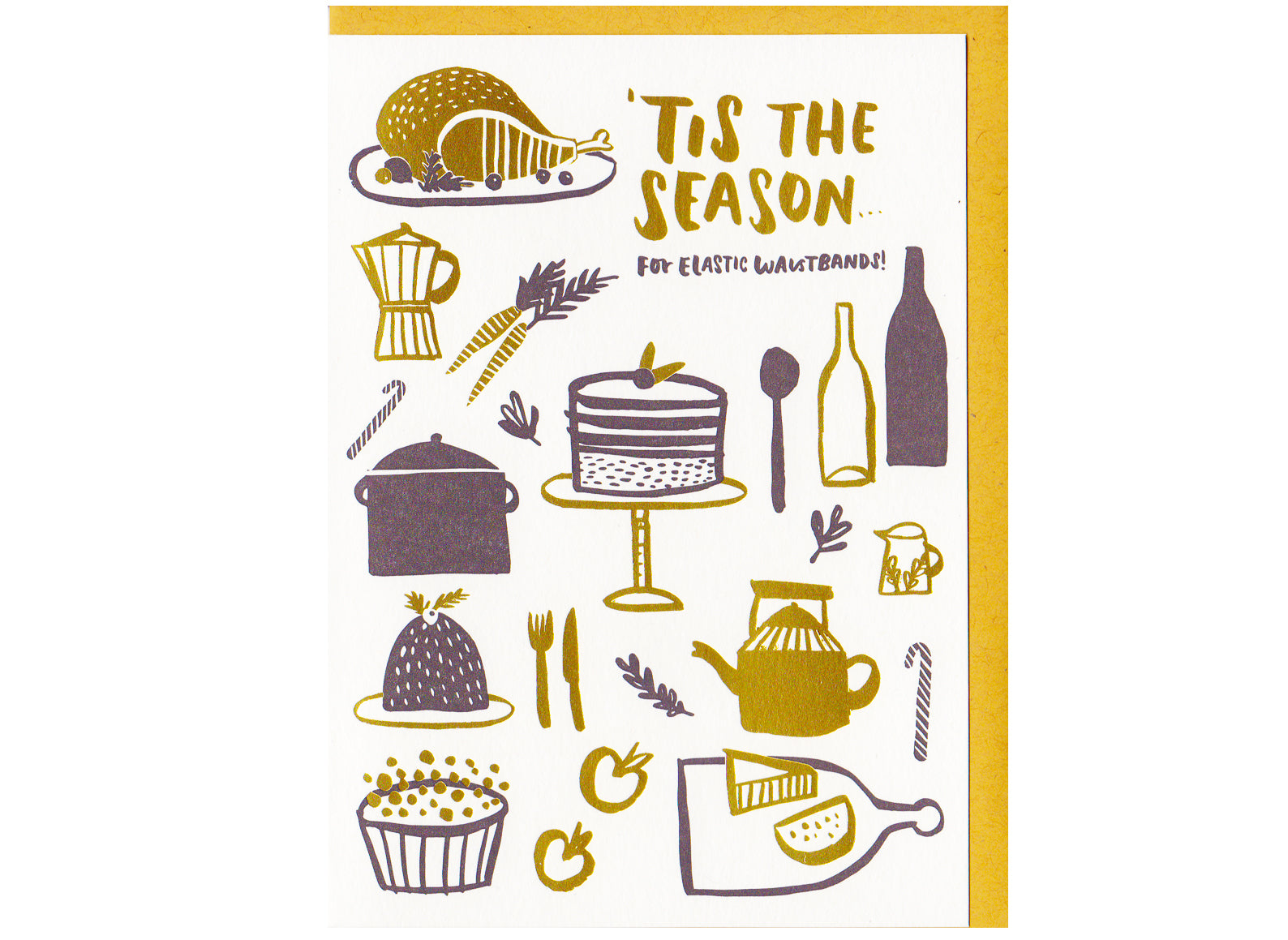 food and wine illustrations text reads 'tis the season for elastic waistbands!