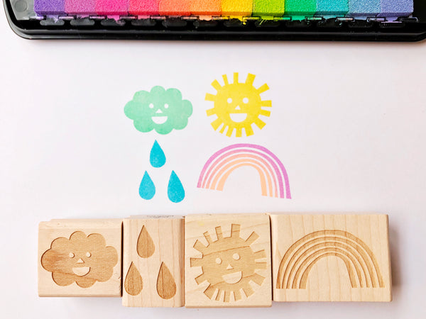 weather rubber stamps | sun cloud rainbow rain drop stamps | smiley face stamps for diy, scrapbooking, block printing- TALK TO THE SUN