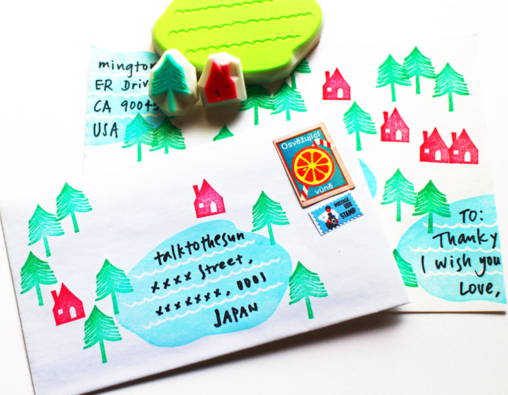rubber stamps trees woodland rubber stamp set | lake stamp | house stamp | tree stamp