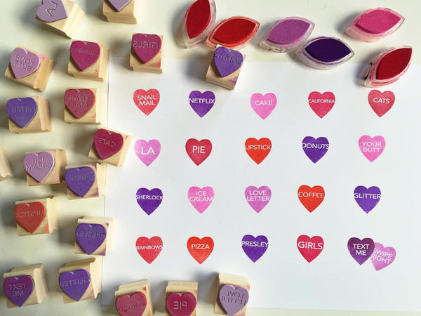 cute heart shaped rubber stamps with words in them. 