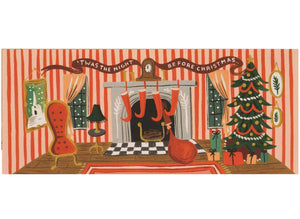 illustration of a striped living room with christmas tree, chair, lamp, and fireplace. text reads above mantle twas the night before chrismtas 