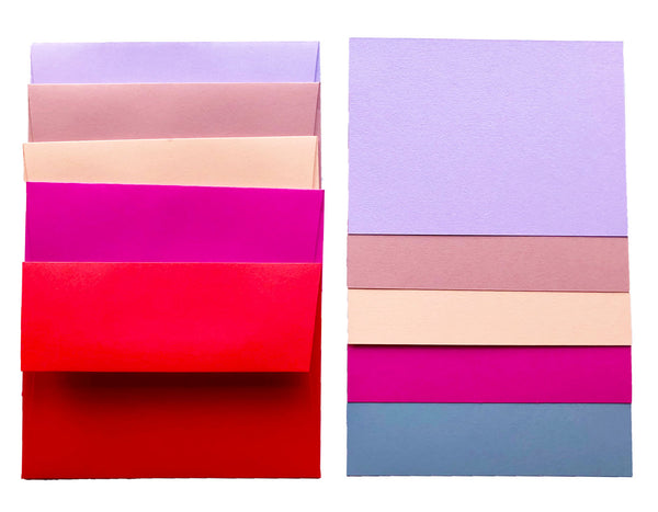 set of envelopes and cards in hot pink, lavender, bright red, dusty rose and dusty blue.