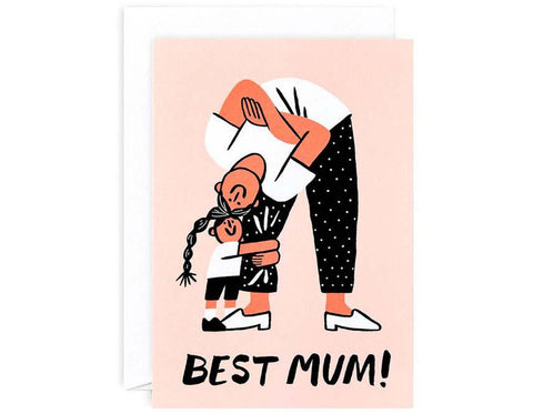 pale peach background with illustration of woman wearing black and white polka pants a white shirt and bending over to touch heads with a child wrapped around her leg. Text reads best mum!